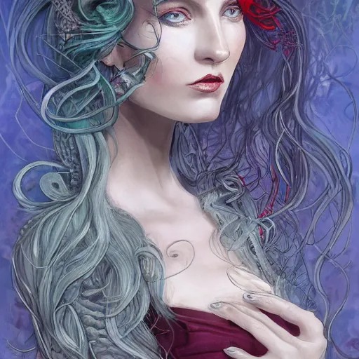 Image similar to character concept portrait of a beautiful woman with pale full face, medusa, with a lot of snakes for hair, blue / grey eyes, elegant, digital painting, art nouveau, smooth, focus, red glow