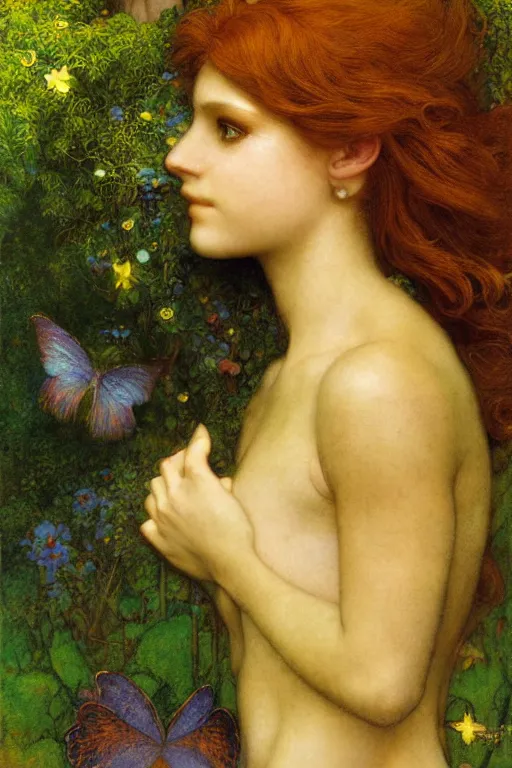 Image similar to headshot portrait of a beautiful faerie, golden ratio, detailed, rainbowshift, by maxfield parrish, john william waterhouse, brian froud