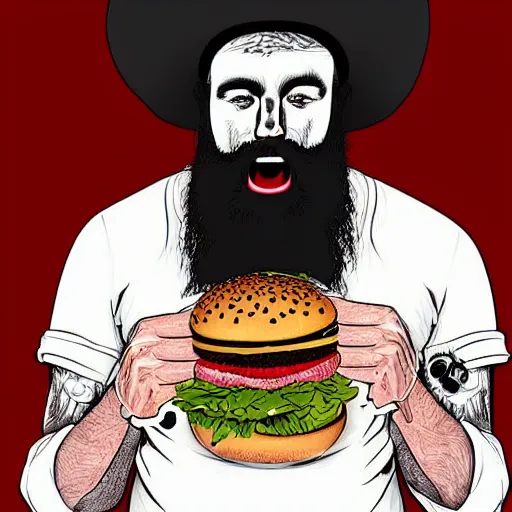 Prompt: beard man angry with italian burger. symmetrical anatomy, very intricate details, digital art, baroque, pop punk art style, colorful, accompanied by body, without duplication, dribble popular, artstation trending, drawn by ilya kuvshinov and iwan suastika and vinicius gud and gustavo zambelli, intricate, balance rendered.