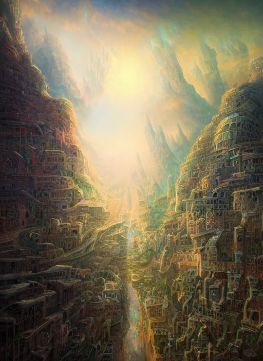 Prompt: a city built around a giant pillar with widening terraces, reaching into the black sky, extremly detailed digital painting, vibrant colors, in the style of tomasz alen kopera and fenghua zhong and peter mohrbacher, mystical colors, rim light, beautiful lighting, 8 k, stunning scene, raytracing, octane, trending on artstation
