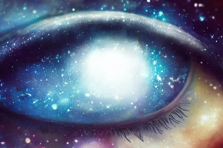 Image similar to a small galaxy inside of an eye, beautiful eye, eye, eye of a woman, realistic, ultra realistic, macro, beautiful, digital art, trending on artstation