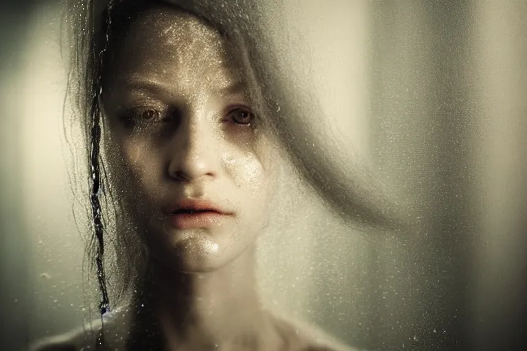 Image similar to an ultra realistic, cinematic, fantasy, portrait, of a woman, face in water, dramatic, soft light, dreamy, facial features, stood in a cell, with prison clothing, detailed, deep focus, movie still, dramatic lighting, ray tracing, by michal karcz and yoshitaka amano