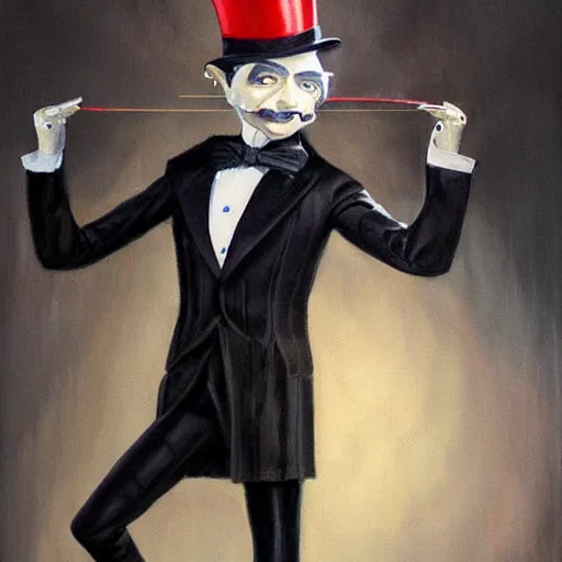 Image similar to a painting of a marionette puppet wearing a top hat and a suit by artgerm