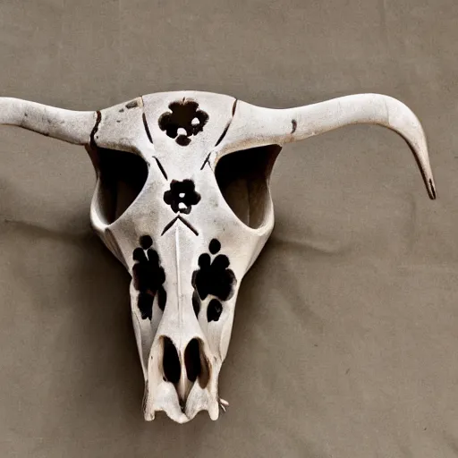 Image similar to cow skull inscribed with intricate decorative carvings