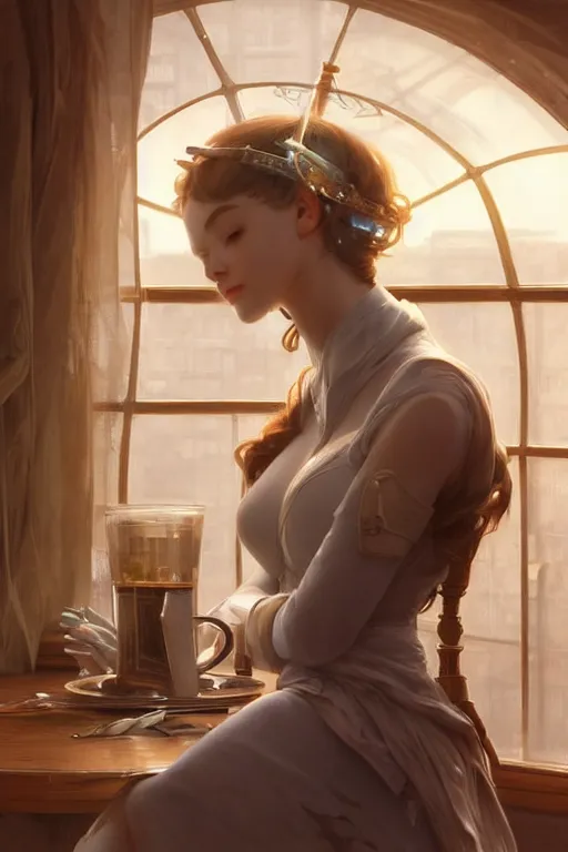 Image similar to an attractive serene cute android in a cafe, partially human , partially biomedical design , natural atmosphere, great high details, highly reaslitic, cinematic lighting, intricate, elegant, super highly detailed, art station, concept arD, beautiful, delicate, art by artgerm and greg rutkowski and alphonse mucha and loish and WLOP