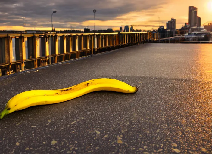 Prompt: A banana peel lying on the sidney harbour bridge, sunset