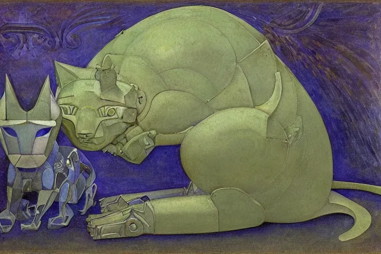 Image similar to mechanical robot cat, by annie swynnerton and diego rivera and nicholas roerich and jean delville, symbolist, dramatic lighting, elaborate geometric ornament, art brut, colors are soft greens and blues and purple, smooth, sharp focus, extremely detailed, adolf wolfli and ( donato giancola )