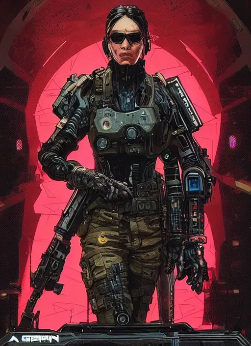 Image similar to cyberpunk blackops commander. cybernetic eyes. night vision. portrait by ashley wood and alphonse mucha and laurie greasley and josan gonzalez and james gurney. spliner cell, apex legends, rb 6 s, hl 2, d & d, cyberpunk 2 0 7 7. realistic face. dystopian setting.