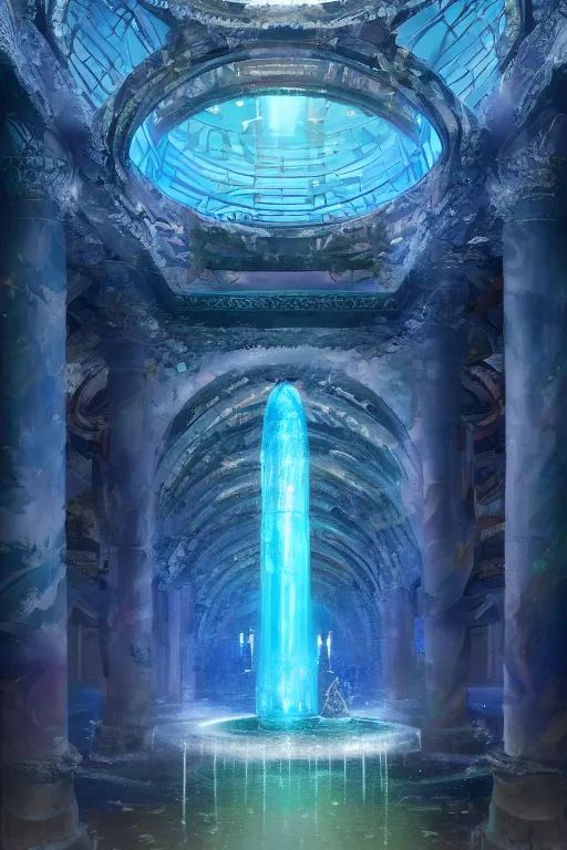 Prompt: inside of an atlantis palace, bioluminescent light, fountain, crystals, intricate, elegant, volumetric lighting, digital painting, highly detailed, artstation, sharp focus, illustration, concept art, ruan jia, steve mccurry