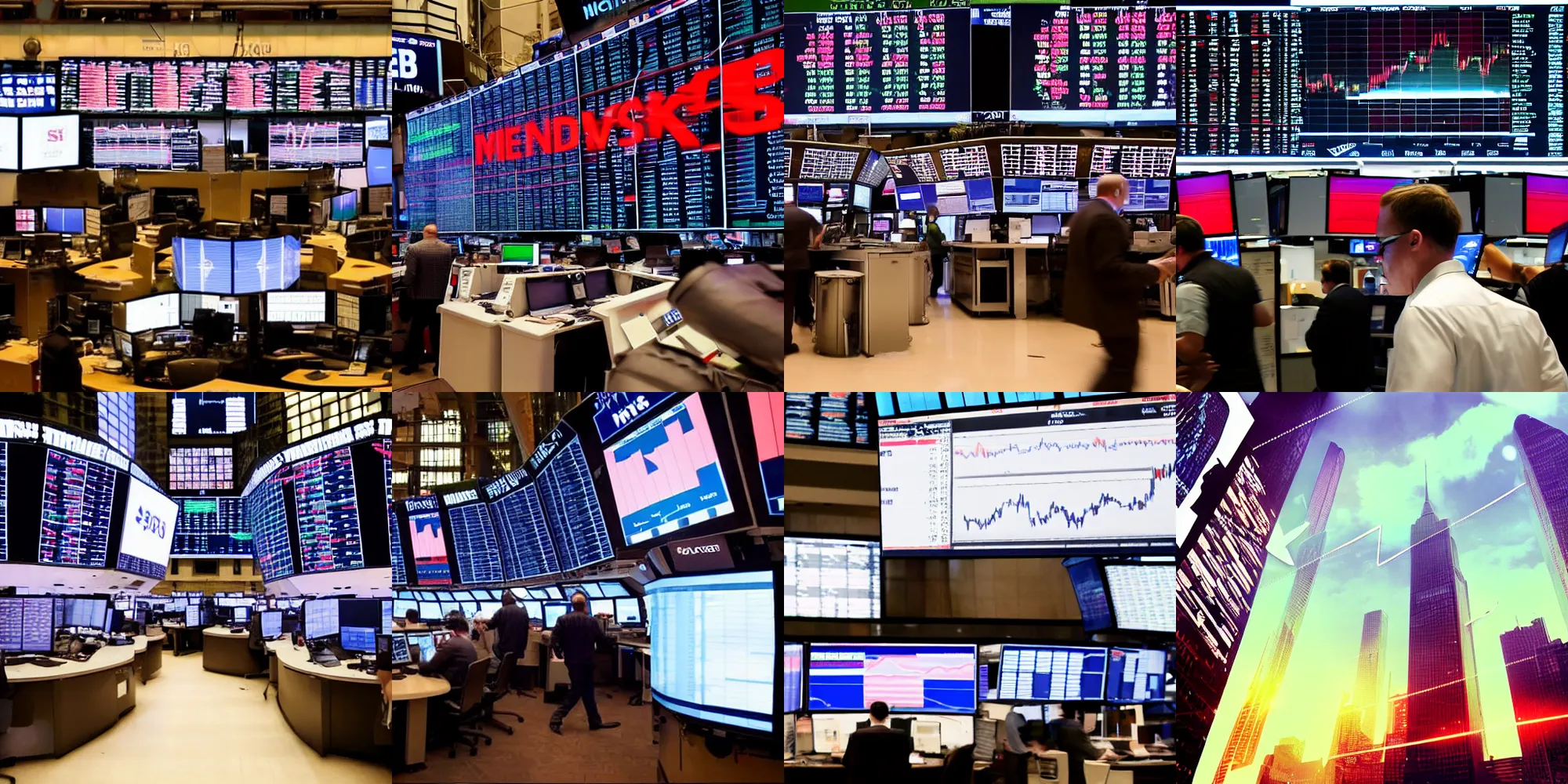 Prompt: stock market crash, traders panicking, large red monitors with down arrows, wall st trading floor, cinematic lighting, epic composition