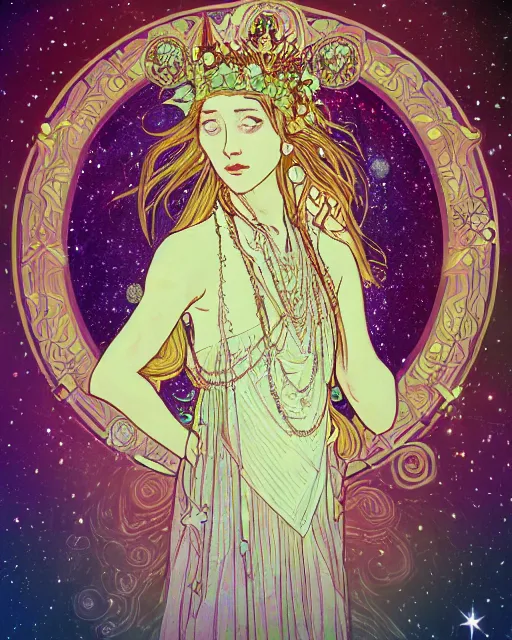 Prompt: a portrait of a universe as an enchanting androgynous druid spirit wearing a brightly glowing crown of swirling galaxies colliding, seven necklaces of moons and stars, draped in transparent cloth, flat colors, occult, minimal, swirly, bust by alphonse mucha, decorative ornate art deco border, astrophotography, vast cosmos, digital illustration overlayed on photography, trending on artstation