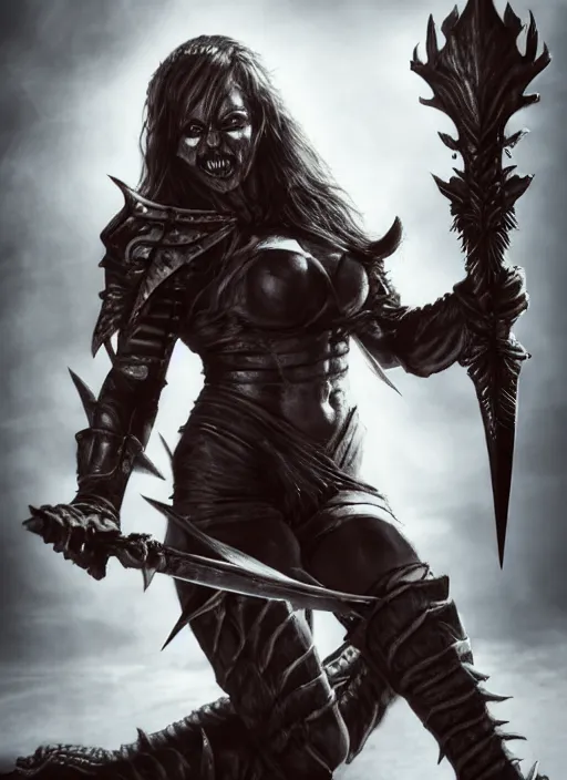 Prompt: female vampire warrior holding a monstrous zweihander, full portrait, sharp teeth, smiling, muscular, flying, barefoot, foot wraps, exposed toes, black heavy armor, realistic armor, metal mask, in the style of ghostblade, wlop, modern fantasy, regular proportions.