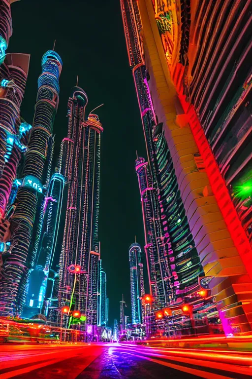 Image similar to neon streets of dubai, 4 k, award winning photo