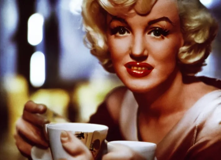 Image similar to A close-up, color cinema film still of a marlin monroe drinking coffee at a starbucks, ambient lighting at night.