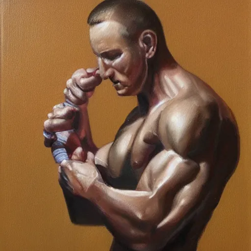 Prompt: A mobile telephone that has a muscular arms and legs, portrait, oil painting