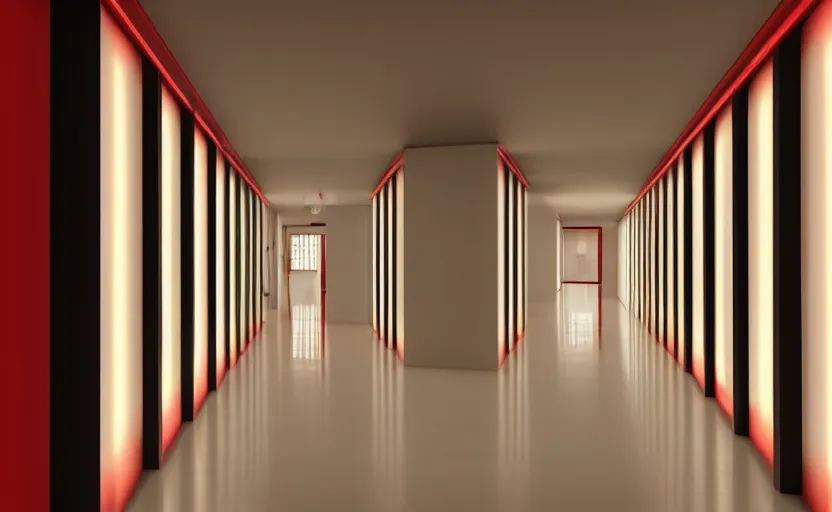 Image similar to an hallway in hospital with red lights in the roof, octane render, artstation trending, highly detailded