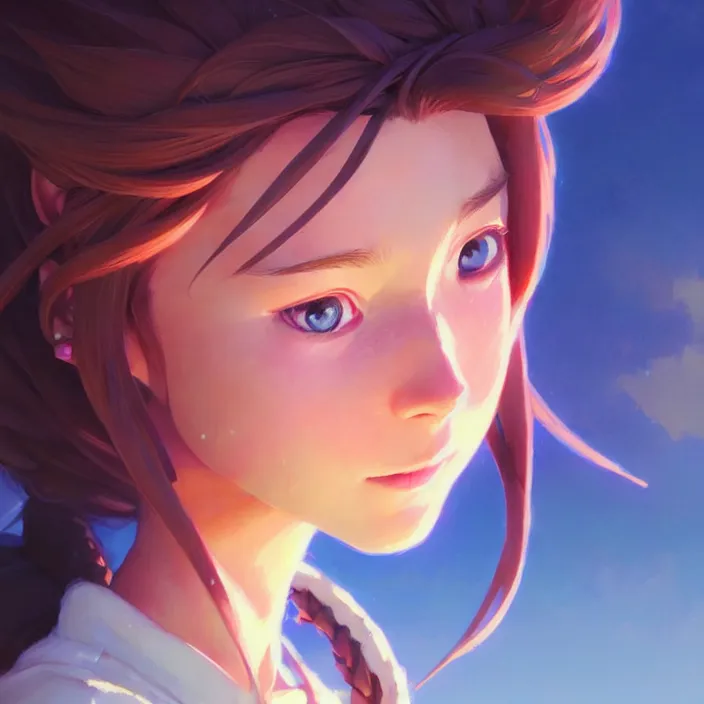 Image similar to super epically depicted color pencil portrait art of aerith gainsborough, by stephen bliss, greg rutkowski, loish, rhads, makoto shinkai and lois van baarle, ilya kuvshinov, rossdraws.