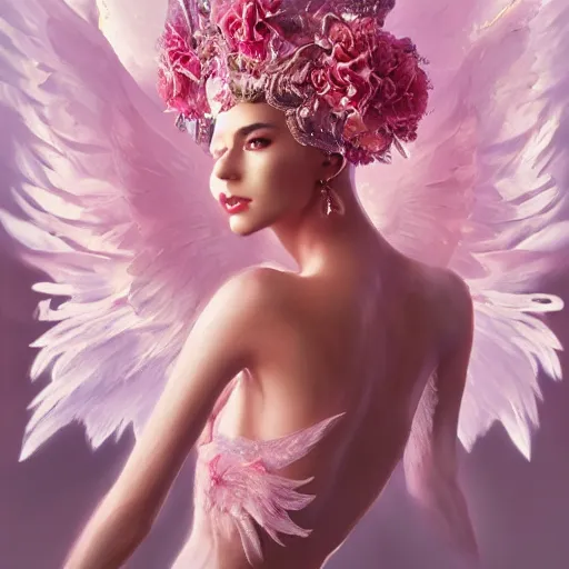 Image similar to expressive full body photo of sophia lauren as beautiful angel, smooth glowing skin, ornate headpiece made from pink flowers, glamour shot, by yoshitaka amano, by greg rutkowski, by jeremyg lipkinng, by artgerm, digital art, octane render, unreal engine, photorealistic, canon r 3, fashion photography