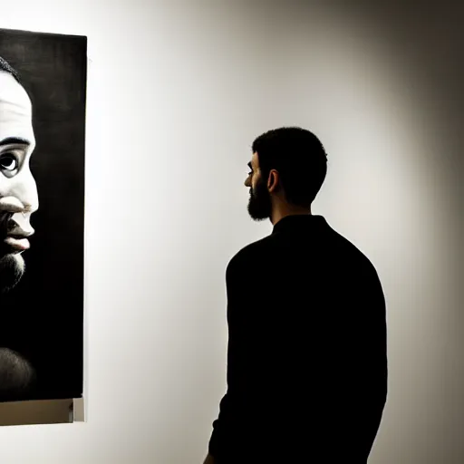 Prompt: A man staring at a painting of himself staring back. Modern art gallery. Wide angle. Photorealistic. Dramatic lighting. Award winning photography. 35mm photograph.