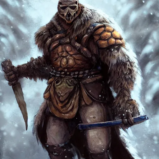 Image similar to anthropomorphic turtle barbarian humanoid, carapace, wlop, blizzard, winter, night, furs, fantasy