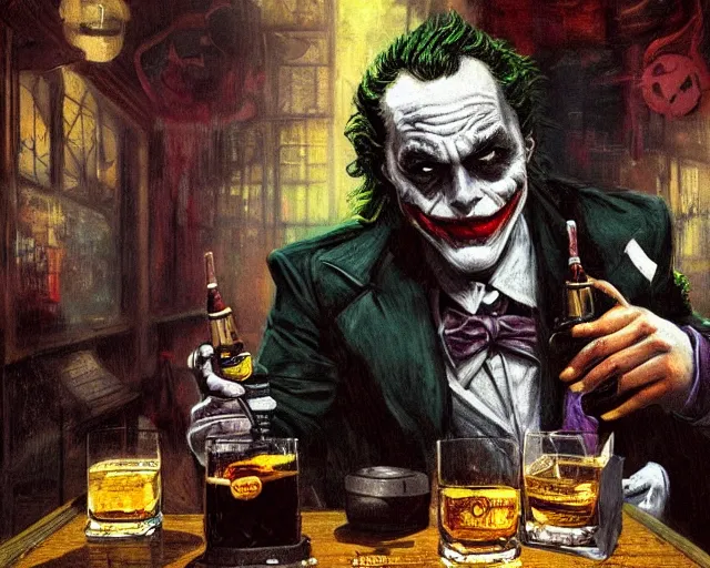 Prompt: !dream The Batman having a glass of whiskey with the Joker in a grungy bar riddled with bullet holes. Trending on ArtStation. A vibrant digital oil painting. A highly detailed sci-fi fantasy character illustration by Wayne Reynolds and Charles Monet and Gustave Dore and Carl Critchlow and Bram Sels