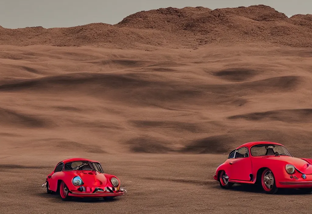 Image similar to “a singular red porsche 356 is parked in the middle of the desert, a matte painting by Scarlett Hooft Graafland, featured on unsplash, australian tonalism, anamorphic lens flare, cinematic lighting, rendered in unreal engine”