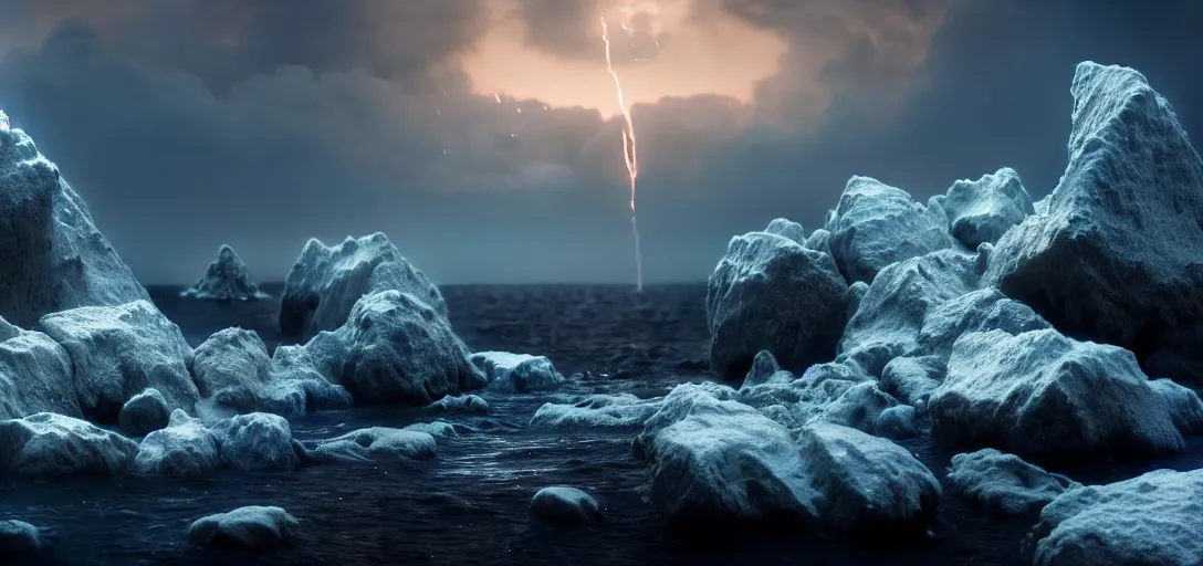 Image similar to octane render uhd, 8 k art photography, filmic lighting, cinematic art shot, hyperrealistic, hyperdetailed, super detailed, 8 k, high resolution, mysterious strangle glowing crystalline structure made of white rocks in the far distance, 8 k uhd photography by ross tran and ivan aivazovsky, black water, midnight