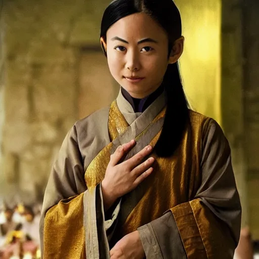 Image similar to Priest Tripitaka played by bald teenage Masako Natsume on a pilgrimage to India to fetch holy scriptures and save the world, IMAX Movie Still