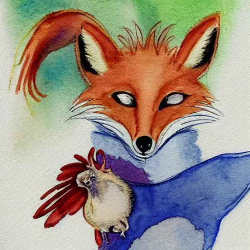 Image similar to fox dancing with a chicken in a hen house, watercolor illustration,