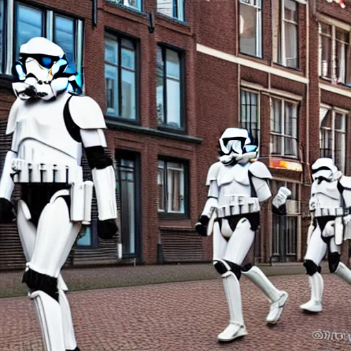 Image similar to stormtroopers walking in amsterdam, digital art