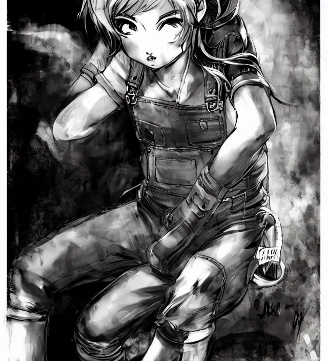 Image similar to full body pose, hd, manga anime portrait of a fairy girl in combat boots and overalls, ishikawa ken, frank miller, jim lee, alex ross style detailed trending award winning on flickr artstation,