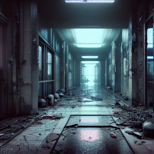 Prompt: abandoned and desecrated hallway in a cyberpunk lab, ultra realistic, concept art, intricate details, eerie, highly detailed, photorealistic, octane render, 8k, unreal engine, art by Vita Wen