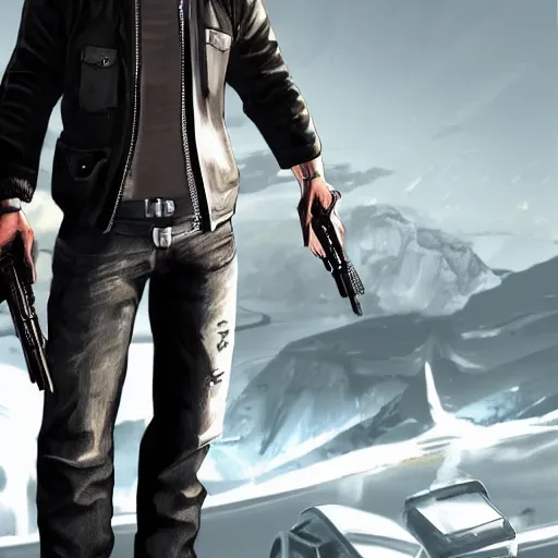 Image similar to Adam Jensen in GTA 5, videogame concept art