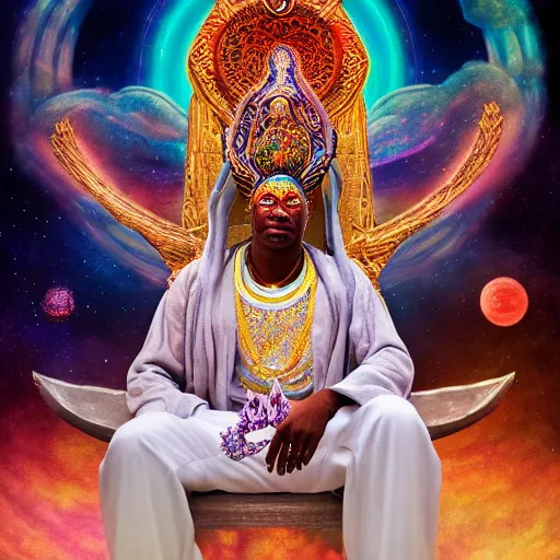 Image similar to obatala the cosmic god sitting on a throne of nebula clouds, by Adi granov and afarin sajedi in a psychedelic portrait style, ultrarealistic matte painting, volumetric lighting, piercing eyes, highly detailed face, orisha, 8k, hd