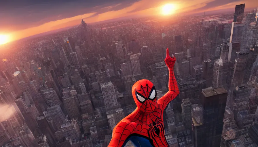 Image similar to spider - man on top of the empire state building in new york watching the sunset, unreal engine 5, render, cg society