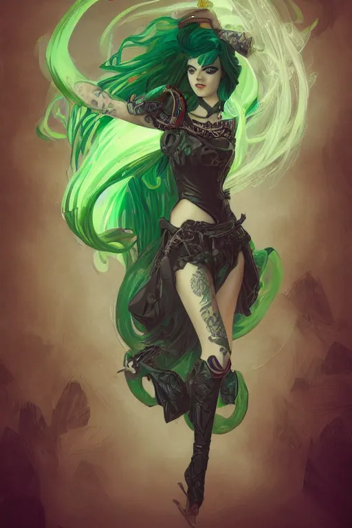 Prompt: green hair tattooed pinup hannah murray, rogue bard, dnd, deep focus, turnaround, fantasy, intricate, elegant, highly detailed, digital painting, artstation, concept art, matte, sharp focus, illustration, hearthstone, art by artgerm and greg rutkowski and alphonse mucha.