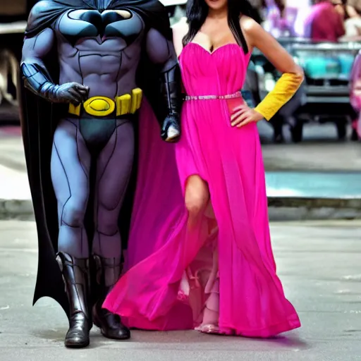 Image similar to photograph of batman wearing a flowing pink dress