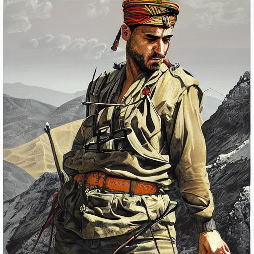 Image similar to a kurdish peshmerga kurdish mountains art by martin ansin, highly detailed, 8 k, high resolution, award winning art, incredibly intricate