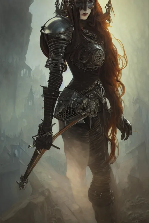 Prompt: beautiful and gothic and evil and dieselpunk young medieval female knight portrait +smoky eyes+front face with light flowing hair, ultradetail face, art and illustration by tian zi and craig mullins and WLOP and alphonse mucha, fantasy, intricate complexity, human structure, human anatomy, fantasy character concept, watermark, blurry, hyperrealism 8k