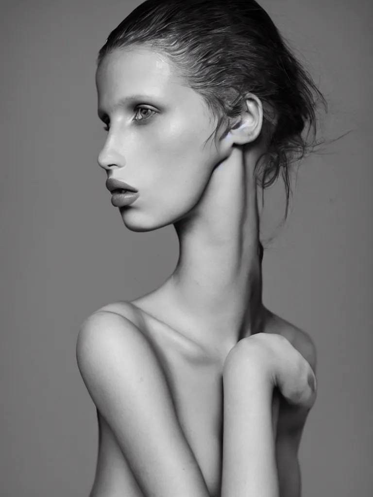 Image similar to medium format fine art portrait mid shot minimal fashion model marine vacth by reza nia, nick knight, amy judd, jil sander romantic heavenly elite style, beautiful perfect koinophilia face, perfect anatomical human form, posed, blush beauty makeup, studio, golden ratio, studio lighting, studio, flat neutral tone, sharp focus, fine detail, stunning matte painting