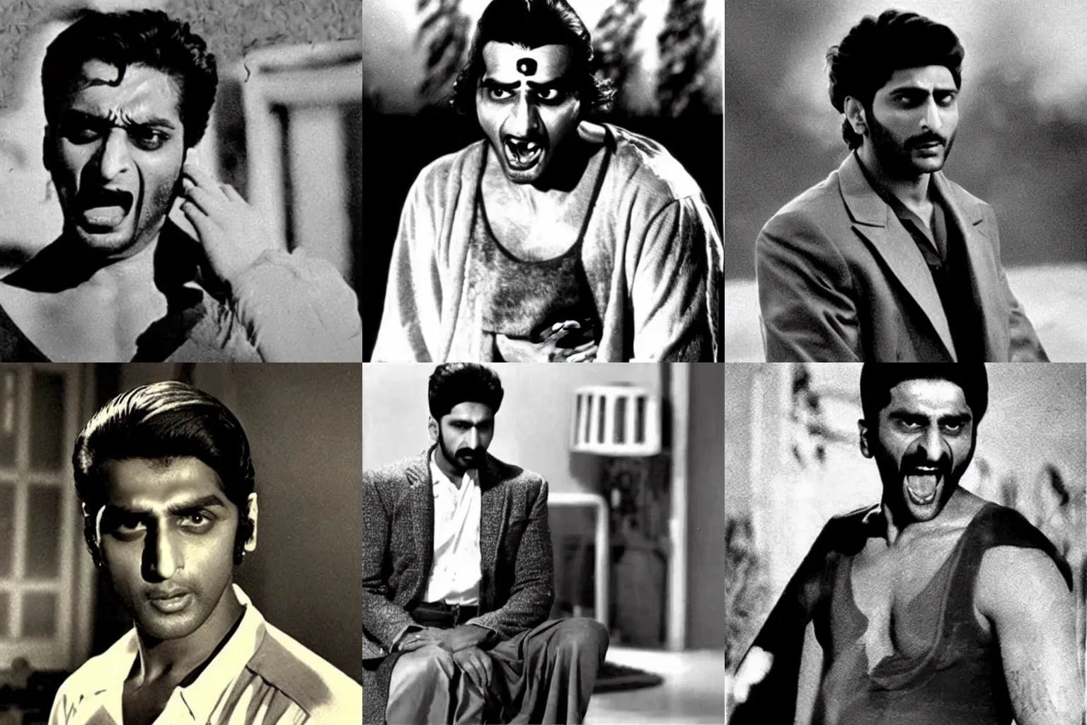 Prompt: vintage 30's movie still of Ranveer Kapoor in horror film