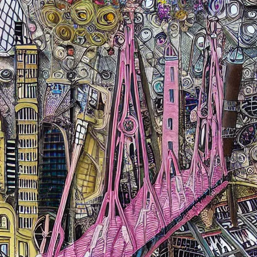 Prompt: a beautiful kinetic sculpture of a cityscape with tall spires and delicate bridges. by grayson perry distorted, emotive