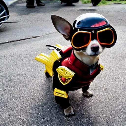 Prompt: a realistic photo of a chihuahua dressed like judge dredd