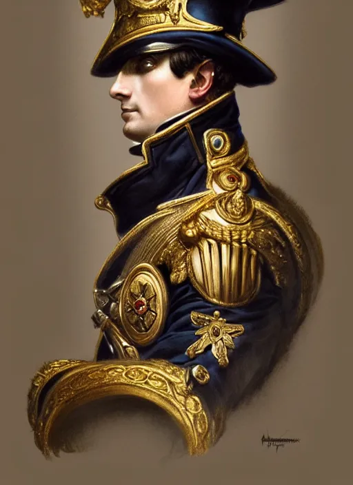 Prompt: portrait of napoleon bonaparte, royalty, extravagant, lord, full body, military uniform, fantasy, intricate, elegant, beautiful, highly detailed, charcoal, centered, dark, smokey, digital painting, artstation, concept art, art by artgerm and greg rutkowski and alphonse mucha