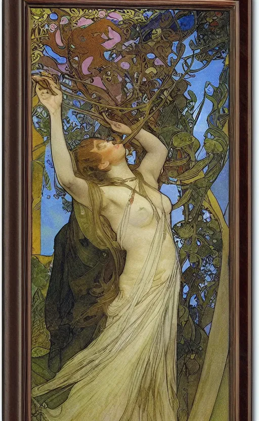 Prompt: the fool tarot, beautiful border, by alfons maria mucha, highly detailded