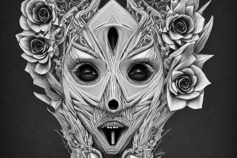 Image similar to graphite and white charcoal on toned paper illustration of symmetrical!! portrait of floral! borderlands 3 psycho, intricate, elegant, highly detailed, digital art, artstation, smooth, sharp focus, illustration