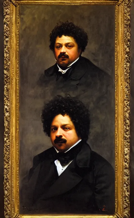 Prompt: Portrait of Alexandre Dumas, oil on canvas, highly detailed, high contrast, by Franz Xaver Winterhalter, Henry Ossawa Tanner, 8k