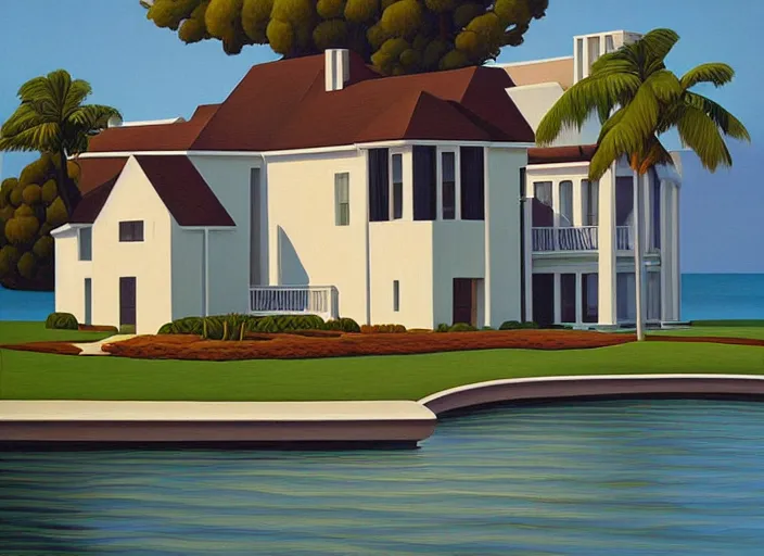 Prompt: a manor by the ocean, evening, summer, painting by kenton nelson