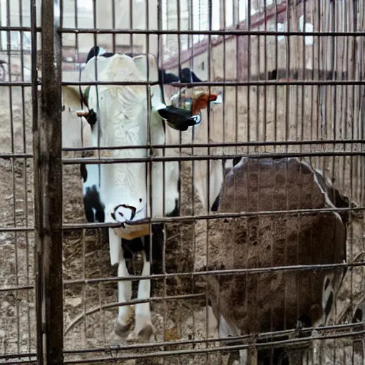 Image similar to dirty bottle of milk and a cow inside a cage, inside slaughterhouse