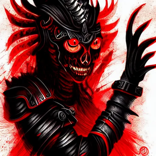 Image similar to epic chthonic ancient warrior black veins red demonic eyes, red smoke on the background by Boris Valejio, high detailed digital art